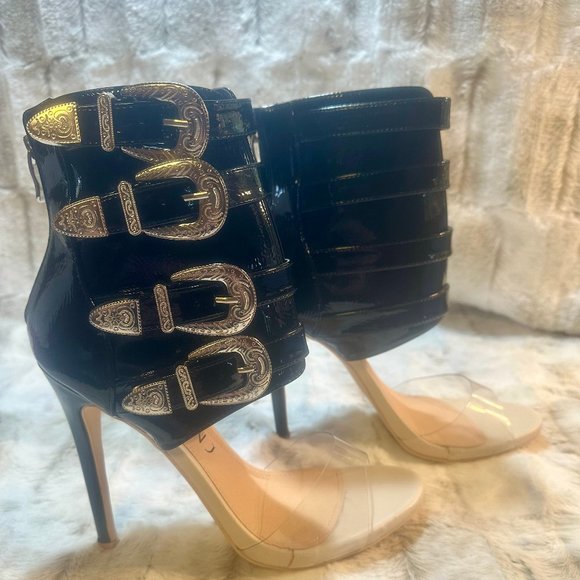 Mack J Western Inspired Patent Multi Strap High Heel Ankle Boot Sandals - Picture 1 of 9